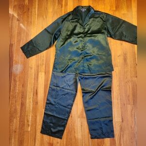 Vintage Katelyn Court Pine Green Two Piece Satin Pajama Pant Set Women Size L